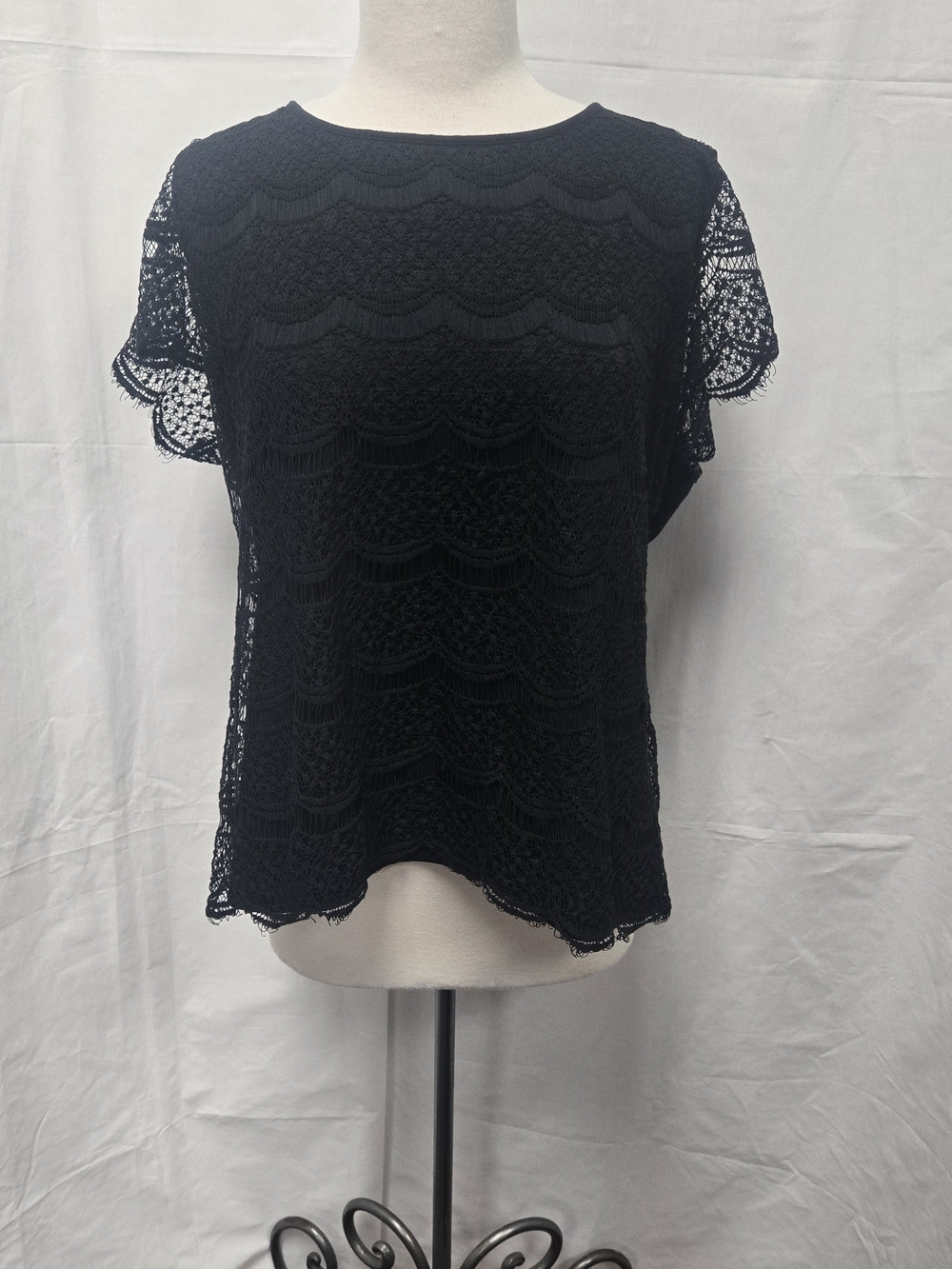 Lane Bryant Black Scalloped Lace Short Sleeve Top